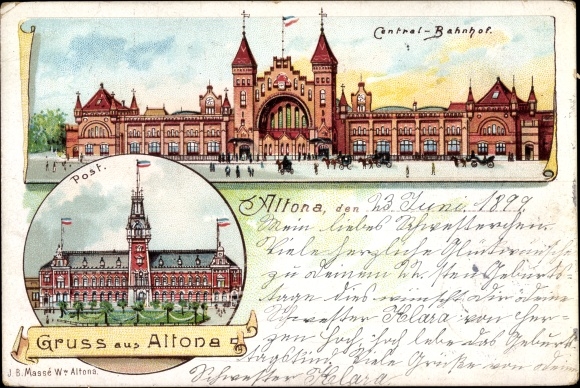Chromo-Litho Hamburg Altona, central station, post office