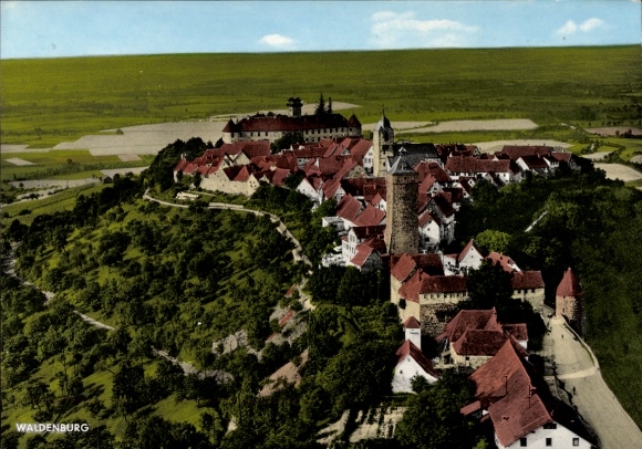 Postcard Waldenburg in Saxony, aerial view of castle and houses with red roofs
