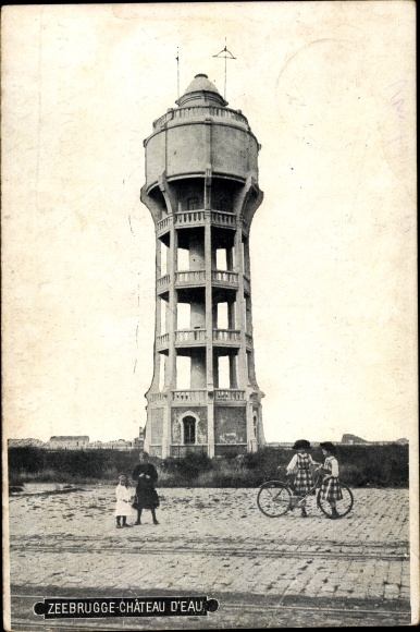 PC Zeebrugge West Flanders, water tower, children with bicycles
