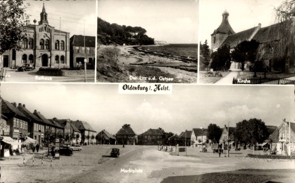 Postcard Oldenburg in Holstein, town hall, church, market square