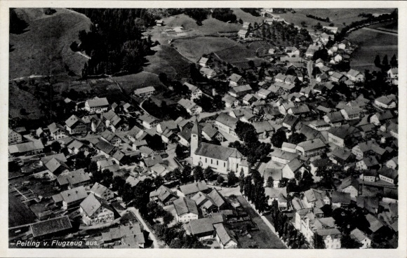 Postcard Peiting in Upper Bavaria, aerial photograph, houses, church, rural surroundings