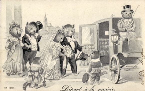 Präge Litho Vermenschlichte Katzen, Trauung, Brautpaar, Kutsche