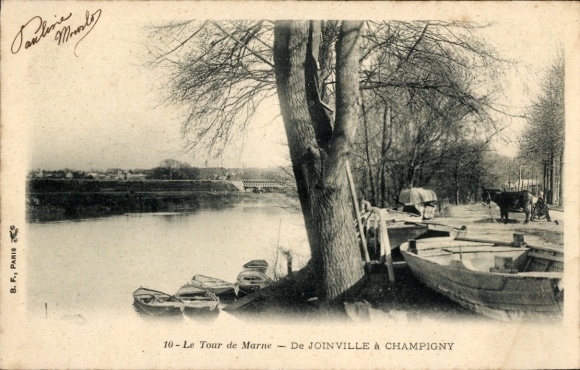 Ak Champigny sur Marne Val de Marne, Le Tour de Marne, Flusslandschaft, Boote, Bäume, Pferd