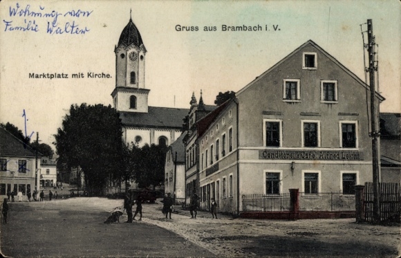 Postcard Bad Brambach im Vogtland, market square and church, pastry shop café