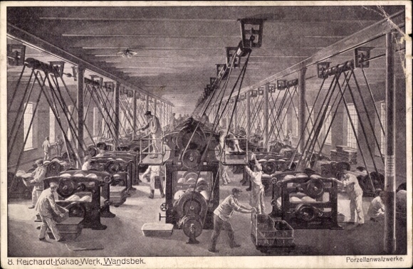 Postcard Hamburg Wandsbek, Reichardt Cocoa Factory, Porcelain Rolling Mills, Workers
