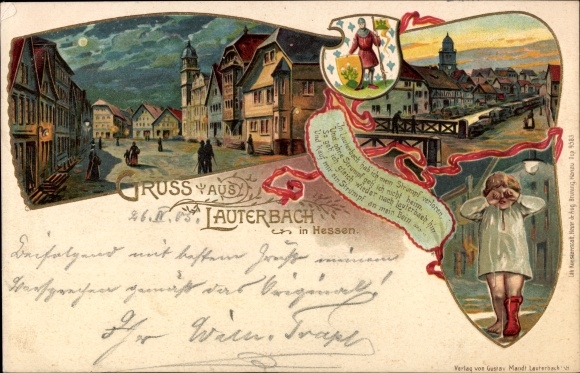 Coat of arms Chromo-Litho Lauterbach in Hesse, child with lost stocking, town views