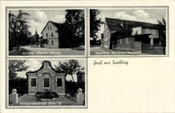 Ak Spielberg Steiermark, Kirche, Pfarre, Schule, Gasthof, Kriegerdenkmal