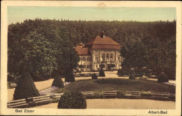 Postcard Bad Elster in Vogtland, Albert-Bad, park, trees, benches