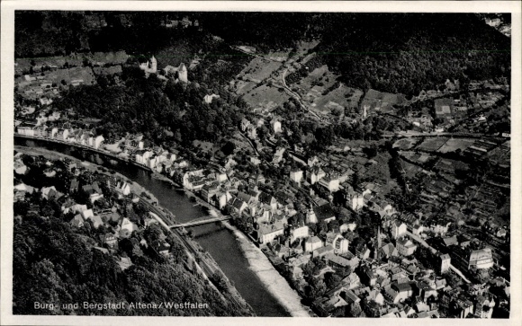 Postcard Altena in the Märkischer Kreis, aerial photograph of the castle and mining town