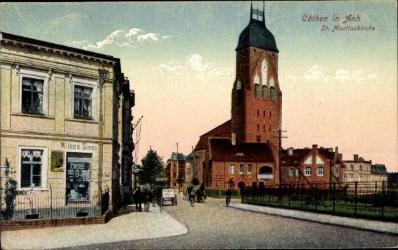 Ak Cöthen Anhalt, St. Martinskirche, Geschäft Wilhelm Simon