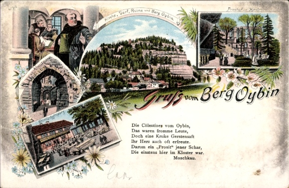 Chromo-Litho Oybin in Saxony, church, village, ruin, mountain Oybin