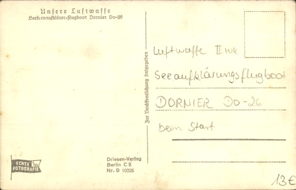 Postcard German Air Force, maritime reconnaissance aircraft flying boat Dornier Do 26