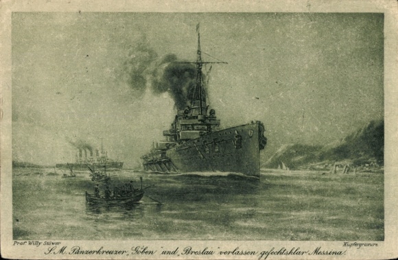 Ak Messina Sizilien, Prof. Willy Stower, Kupfergranulat, S.M. Panzerkreuzer Goeben und Breslau...