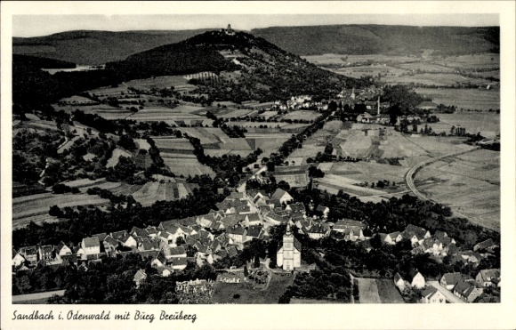 Postcard Sandbach Breuberg in the Odenwald Hesse, landscape with Odenwald, view of church, fields