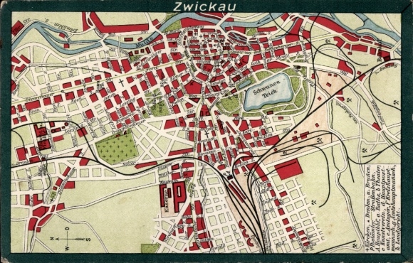 City map Postcard Zwickau in Saxony, Swan Pond, Mulde, Glauchauer Straße, Train Station