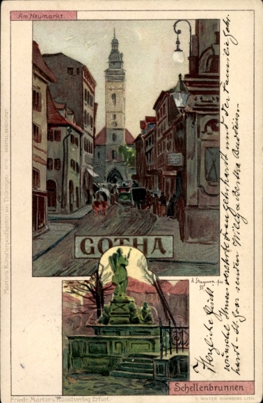 Ak Gotha in Thüringen, ansichtkaart toont Am Neumarkt, Schellenbrunnen, historische gebouwen