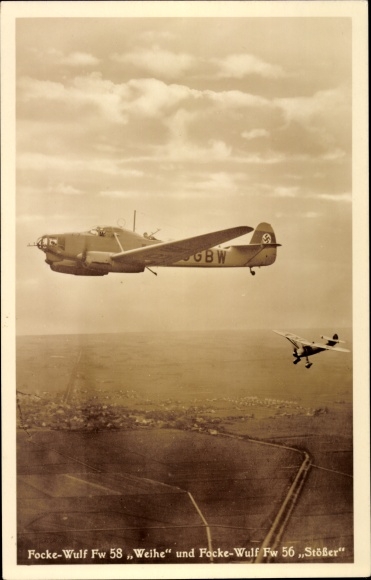 Postcard Focke-Wulf Fw 58, Weihe, Fw 56, ram, combat aircraft, Luftwaffe