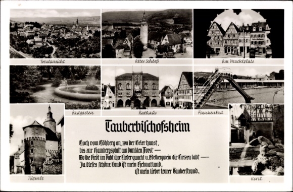 Postcard Tauberbischofsheim in Baden, total view, Old Castle, Town Hall, Frankenbad, Tauberbischofsh
