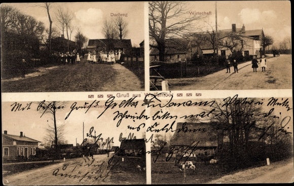Ak Wulfsmoor in Sleeswijk-Holstein, spoorwegovergang, boerderij, economie, dorpspad, uitzicht op de plaats