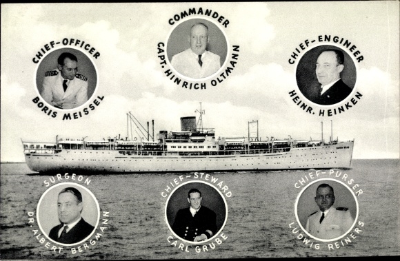 Postcard steamboat MS Seven Seas, Europa Canada Line, Heinr. Heinken, Hinrich Oltmann, B. Meissel