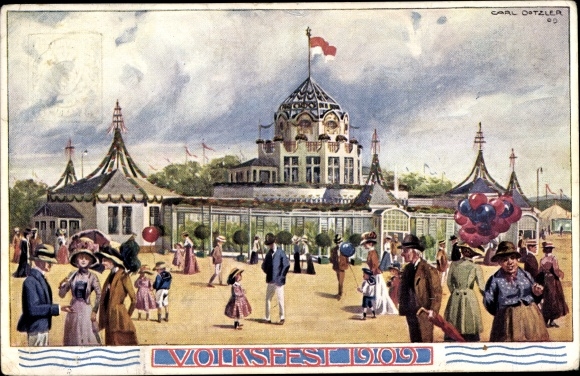 Postwaardestuk kunstenaarskaart Dotzler, Carl, Neurenberg in Midden-Franken, volksfeest 1909