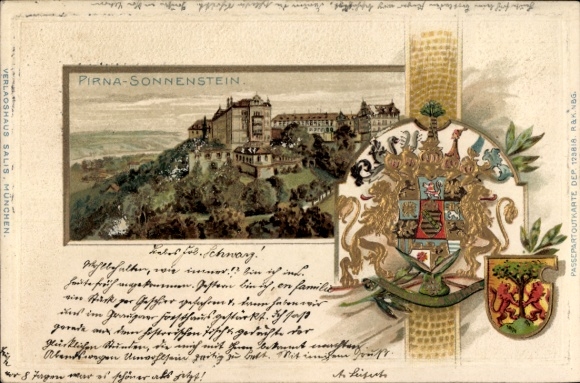 Präge Wappen Passepartout Litho Sonnenstein Pirna in Sachsen, Schloss