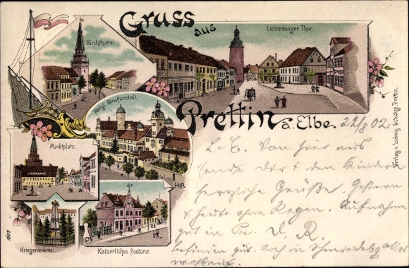 Chromo-Litho Prettin Annaburg in the district of Wittenberg, Lichtenburger Tor, church, prison, market, post office
