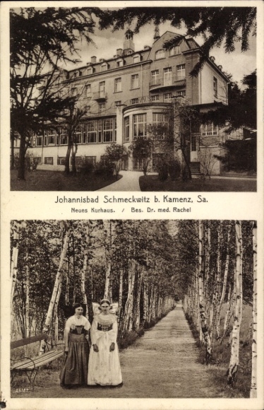 Ak Kamenz in Sachsen, Neues Kurhaus, Johannisbad, Schmeckwitz, Birkenalle, zwei Frauen in Tracht