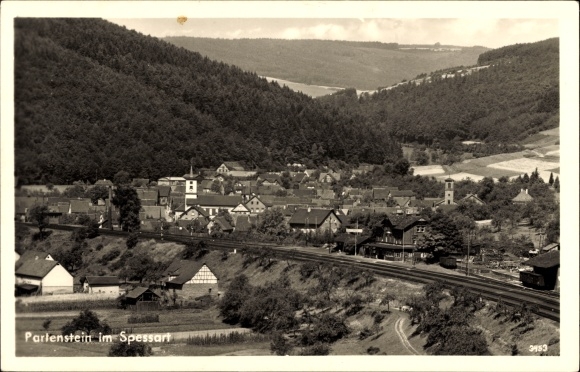 Postcard Partenstein in the Spessart Lower Franconia, general view, railway line