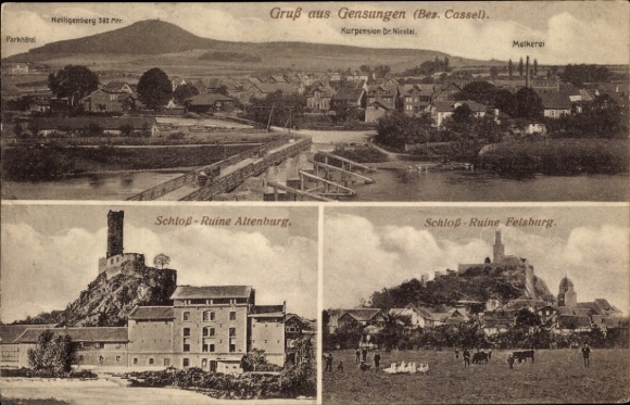 Postcard Gensungen Felsberg Hesse, castle ruins Altenburg, Felsburg, dairy, Kurpension Dr. Nicolai
