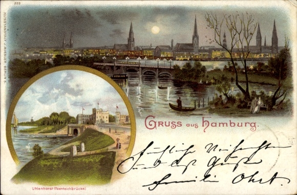 Moonlight litho Hamburg, panorama, Feenteichbrücke Uhlenhorst