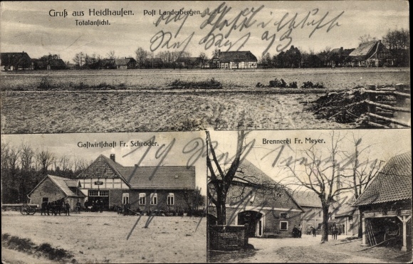Postcard Heidhausen Landesbergen Lower Saxony, inn Fr. Schröder, distillery Fr. Meyer