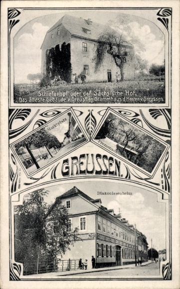 Ak Greußen in Thüringen, Schieferhof, Sächsischer Hof, Diakonissenheim, Marktplatz, Promenade