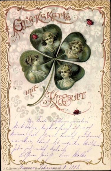 Embossed litho lucky card with clover scent, women in cloverleaf, ladybug