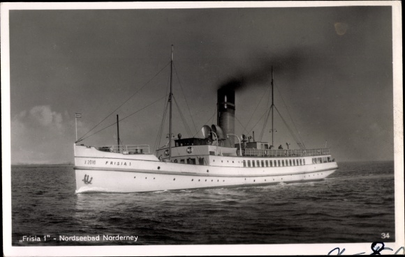 Postcard seaside resort ship Frisia I, shipping company Norden-Frisia, North Sea resort of Norderney