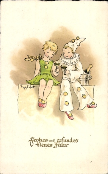 Artist Postcard Schott, Happy New Year, Harlequin with Girl