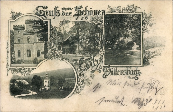 Postcard Dürrröhrsdorf Dittersbach in Saxony, castle, forest area, church