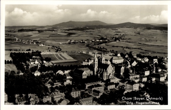 Ak Cham in de Opper-Palts, luchtfoto van de Beierse Oostmark, uitzicht op de kerk en de stad