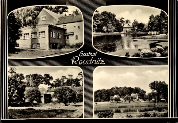 Ansichtkaart Reudnitz Cavertitz in Saksen, Dahlener Heide, Gasthof Reudnitz, buitenaanzicht