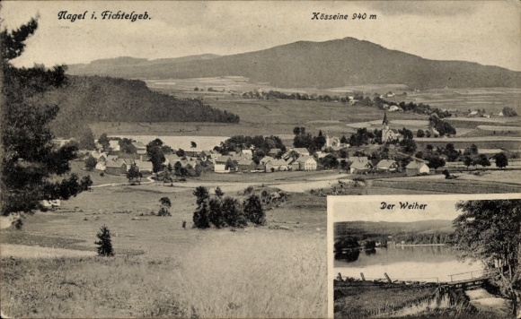 Postcard Nagel in the Fichtelgebirge Upper Franconia, panoramic view of Nagel, Kösseine in the background, De...