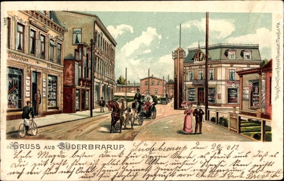 litho Süderbrarup in Schleswig Holstein, straatgedeelte, koets, winkels