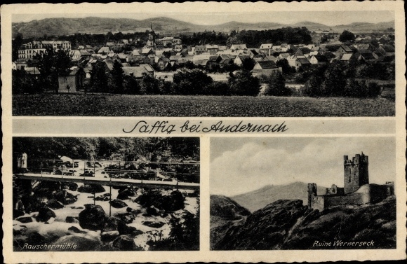 KP Saffig Nadrenia-Palatynat, widok całkowity, Rauschermühle, ruiny Wernerseck