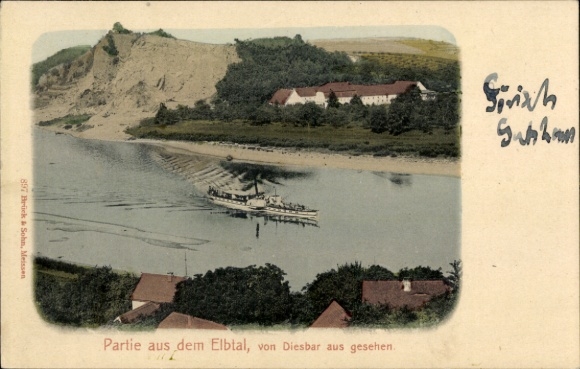 Ansichtkaart Diesbar Seußlitz Nünchritz aan de Elbe, Elbevallei, schip