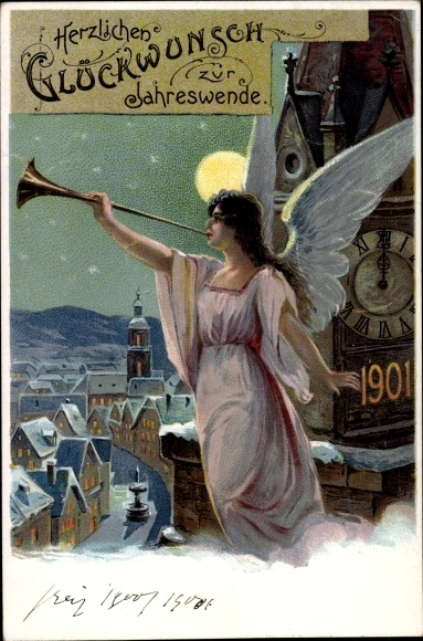 Briefpapier ansichtkaart Happy New Year, jaar 1901, engel blaast de fanfare