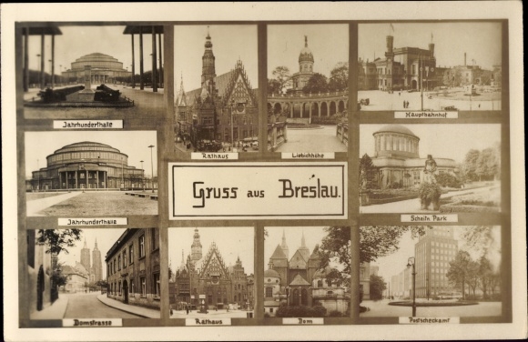 Postcard Wrocław Breslau Silesia, Ring, Town Hall, Centennial Hall, Central Station