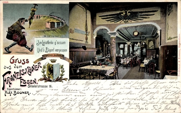 Ak Essen im Ruhrgebiet, Gasthof Franziskaner, Steelerstraße 16, Wappen