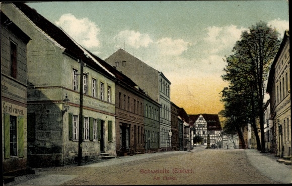 Ansichtkaart Schweinitz Jessen over de wijk Black Elster in Wittenberg, straatbeeld op de markt, speelgoed