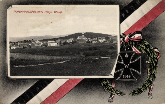 Passepartout Postcard Ruhmannsfelden Lower Bavaria, city panorama, flag, iron cross, wreath