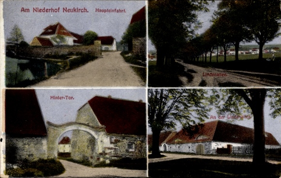 Postcard Neukirch in der Lausitz, Am Niederhof, main entrance, rear gate, Lindenallee