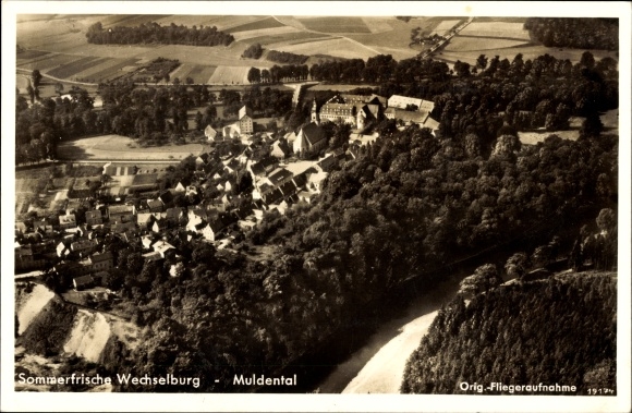 Postcard Wechselburg district of Central Saxony, aerial photograph, Muldental